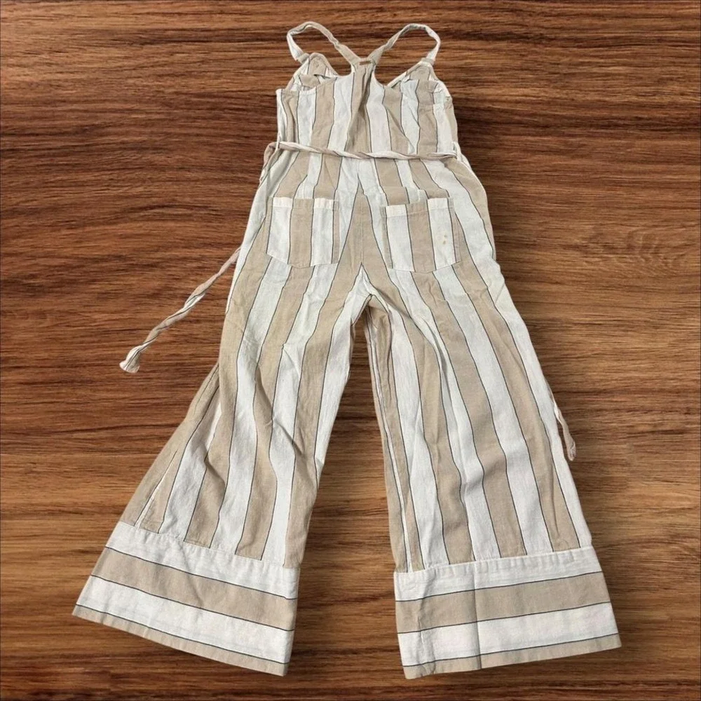 Billabong Striped Jumpsuit Wide Leg Crop Tan Cream V Neck Overalls Womens Small - Picture 7 of 8